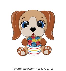 Cute vector pet with ice cream in its paws. The dog is made in brown colors in a cartoon style. The illustration is designed for baby products. The cute dog has big beautiful eyes.