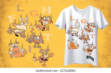 CUTE VECTOR PETS FALLING DOWN , WITH T SHIRT AND BACKGROUND AND TEXT(FLIGHT)