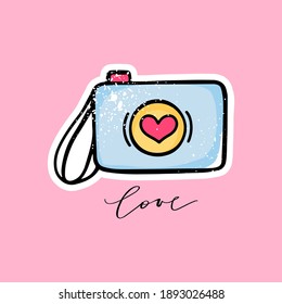 Cute vector photo camera illustration and love inscription. Cartoon hand drawn card. Romantic print on a pink background.