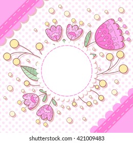Cute vector photo frame with flowers and leafs. Baby shower card. Scrapbook elements. Vector sweet illustration.
