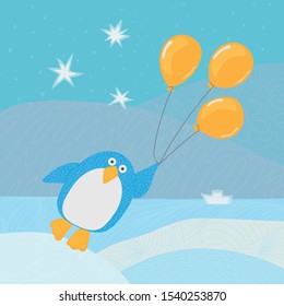 Cute vector picture of penguin on the Pole with three orange balloons who follows its dreams.