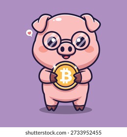 Porco de vetor bonito segurando Bitcoin Coin Cartoon Cryptocurrency Illustration