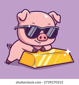 Cute Vector Pig Leaning on Gold Bar Cartoon Animal Finance Illustration