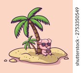 Cute Vector Pig on Tropical Island Cartoon Illustration