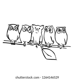 cute vector pig and owls on the branch. cartoon illustration for greetings carts, websites and comics