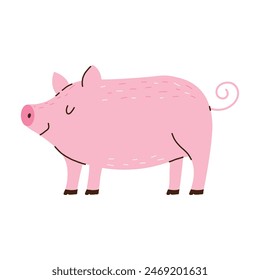 Cute vector pig. Piglet in Hand drawn style. Farm animal. White isolated background. 