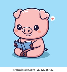 Cute Vector Pig Reading Book Cartoon Animal Illustration