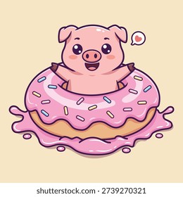 Cute Vector Pig Sitting in Donut Cartoon Animal Food Illustration
