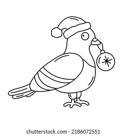Cute vector pigeon with black outline with a Christmas ball in its beak in Santa's hat. New year, Christmas, winter urban theme. Good for coloring books.