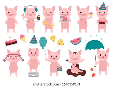 Cute vector pigs clipart. 11 different pigs  in different situations. Flat style characters.