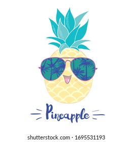 Cute vector pineapple illustration. Cartoon funny graphic food. Typography quote