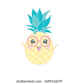 Cute vector pineapple illustration. Cartoon funny graphic food. Typography quote