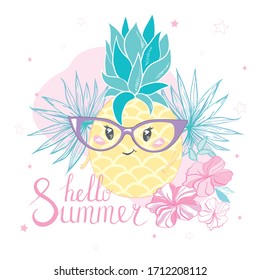 Cute vector pineapple illustration. Cartoon funny graphic food. Typography quote