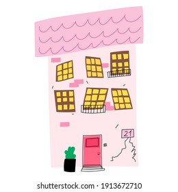 Casa de dibujos animados de color rosa vector circular dibujada a mano