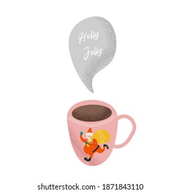 Cute vector pink flat Christmas cup with Santa Claus in cartoon style isolated on white background for festive design. Merry Christmas and Happy New Year. Happy holidays. Holly Jolly Christmas