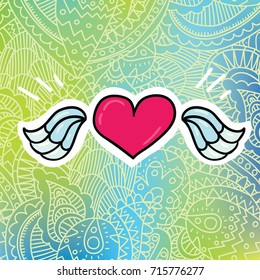 Cute vector pink flying heart with wings on elegant lace paisley gradient pink background