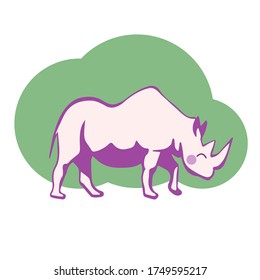 Cute vector pink modest rhino girl on a background of green bushes. Beautiful poster design. Lovely concept of decor for a nursery room. Decorative color image