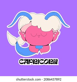 Cute vector pink mushroom as a Capricorn zodiac sign. Fungi sticker illustration with face and fish tail as an astrology symbol. Bright colors, childish drawing.