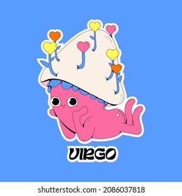 Cute vector pink mushroom with hearts as a Virgo zodiac sign. Fungi sticker illustration with face as an astrology symbol. Bright colors, childish drawing.