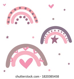 Cute vector pink rainbow clipart set on white background.