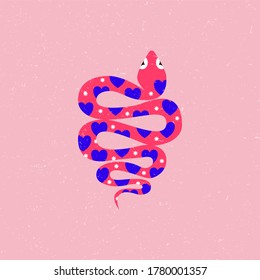 Cute vector pink snake with hearts illustration. Gritty texture. 