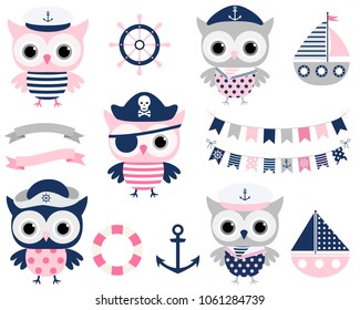 Cute vector pirate sailor owl birds and sailing party design elements in blue, pink and grey colors - boats, helms and buntings for summer, ocean and nautical themed birthdays for girls and boys 
