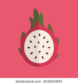 Un lindo Vector pitaya gráfico con hojas verdes, sobre un fondo rosa, perfecto para diseños de alimentos.
