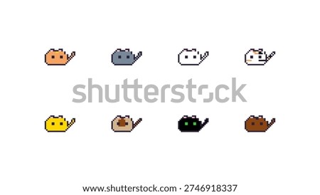 Cute vector pixel art cat icons set featuring eight diverse kitten breeds. Perfect small pet characters for retro game development, web UI, and digital stickers in various vibrant colors.