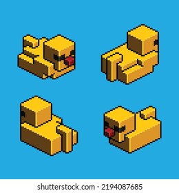 Cute vector pixel art duck game asset. Four view angels. Isometric design. Isolated background