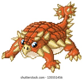 A cute vector pixel art illustration of an ankylosaurus dinosaur in a battle-ready pose. Created in the 8 bit art style of video games from the 80s and 90s.