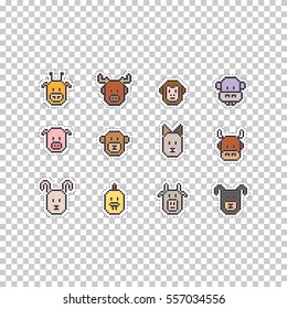 Cute vector pixel path badge set with animals face