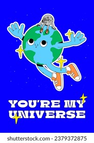 Cute vector planets illustration set. Solar system funny retro posters. Space sticker bundle. Earth with Moon on the shoulders flying through the galaxies. In love, you are my universe banner.