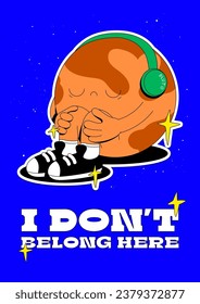 Cute vector planets illustration set. Solar system funny posters. Space sticker bundle. Sad Pluto sits on the floor crying and listening to music in headphones. I don't belong here banner.