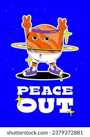 Cute vector planets illustration set. Solar system funny posters. Space sticker bundle. Saturn mascot rotating hula hoop and doing sports. Peace out banner.