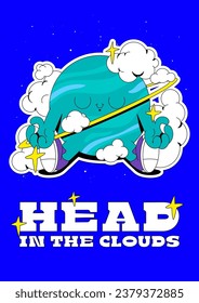 Cute vector planets illustration set. Solar system funny posters. Space sticker bundle. Uranus - huge gas giant, meditating with head in the clouds. Dreamy banner.