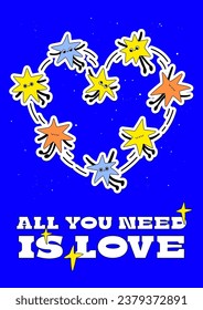 Cute vector planets illustration set. Solar system funny posters. Space sticker bundle. Stars flying and creating a heart by holding hands. Constellation in a night sky. All you need is love banner.