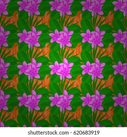Cute vector plumeria flowers print. Vector illustration. Floral vintage seamless pattern on a orange background.