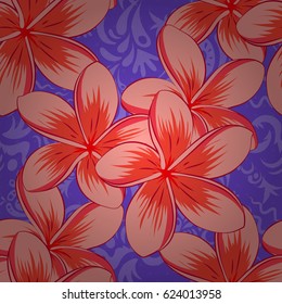 Cute vector plumeria flowers print. Vector illustration. Floral vintage seamless pattern on a violet background.