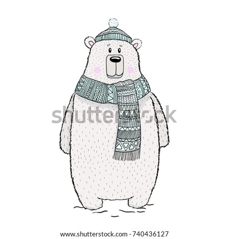 Cute vector polar bear in cap and scarf,in the winter period of time