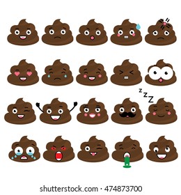 Cute vector poop emoji set. Turd emoticons, isolated design elements, icons for mobile applications, chat and other business