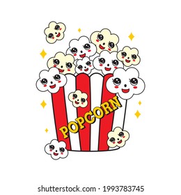 cute vector popcorn with smiling face, vector food logo illustration