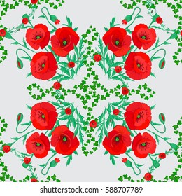 Cute vector poppies seamless pattern. Retro multicolored poppies on a gray background. Shabby chic illustration.