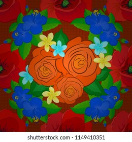 Cute vector poppy flowers print. Vector illustration. Floral vintage seamless pattern in blue, red and orange colors.