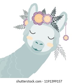 cute vector portrait of animal: Llama with circlet of flowers. flat stylized image of cartoon animal with closed eyes and blush