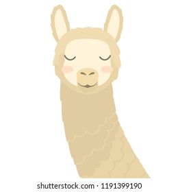 cute vector portrait of animal: Llama. flat stylized image of cartoon animal with closed eyes and blush