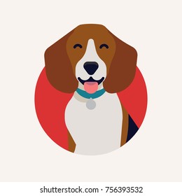 Cute vector portrait of Beagle hound dog in flat design. Cool round icon on small dog head