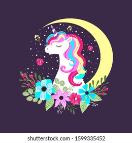 Cute vector a portrait of a unicorn. Magic romantic character surrounded by stars for sticker, patch badge, card, t-shirt and funny children`s design.