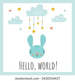 Cute vector postcard with funny blue bunny and clouds