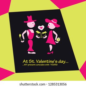 
Cute vector Postcard with lovers and their valentine's day gifts. Pink card love.