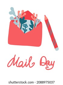 Cute vector postcard world mail day. A letter in an envelope with flowers and a pen. Sending live emails. The inscription is handwritten. Cartoon and flat style.